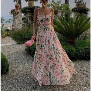 NWOT ！Agua by Agua Bendita Lima Floral Linen Sleeveless Square-Neck Maxi Dress